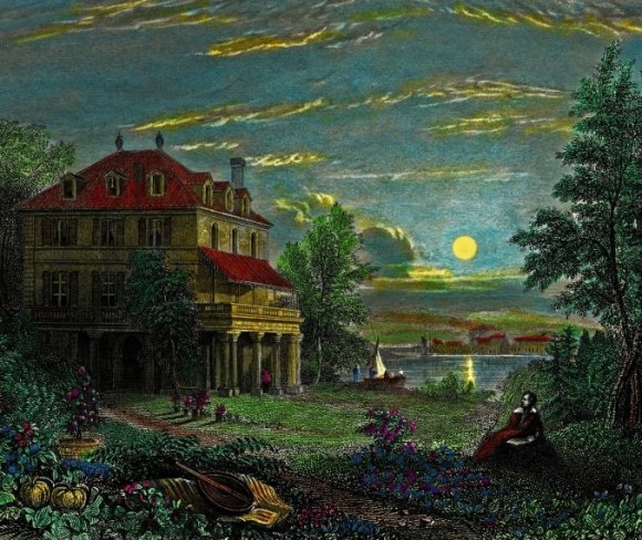 Detail from a hand-colored engraving of Byron’s Villa Diodati on the shores of Lake Geneva, by Edward Francis Finden, ca. 1833, after a drawing by William Purser 